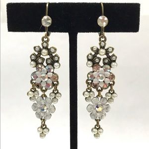 Antiqued Brass Earrings with AB Crystals and White Flowers-Boutique